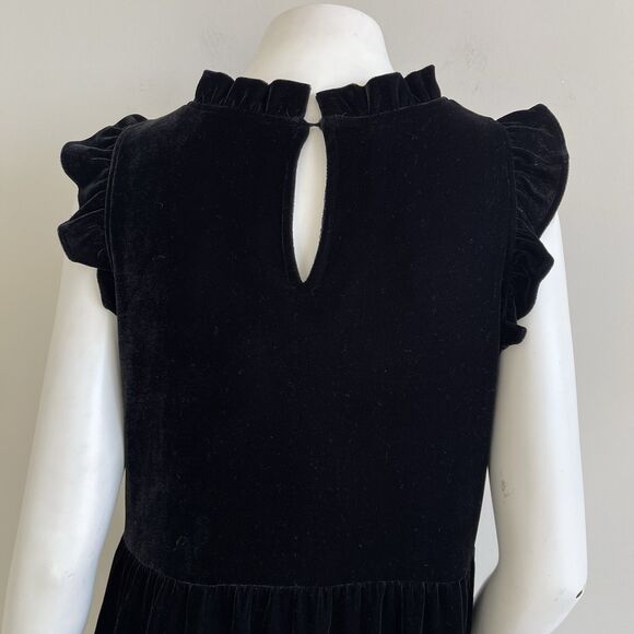 J Crew Sz 8 Black Velvet Tiered Midi Dress Ruffle Neck & Sleeve Stretch Pockets - Picture 12 of 13